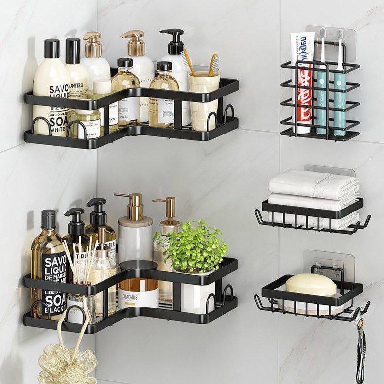 Pack 5 Étagères d’Angle Salle de Bain & Cuisine – Organisateur Mural Adhésif Sans Perçage – Noir Mat Premium