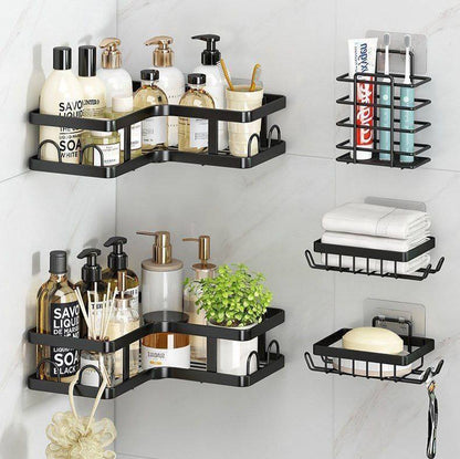 Pack 5 Étagères d’Angle Salle de Bain & Cuisine – Organisateur Mural Adhésif Sans Perçage – Noir Mat Premium